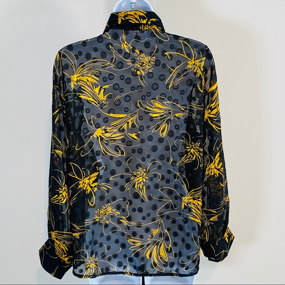 Vintage Black & Gold Sheer Polka Dot & Floral Print Blouse Size M - Picture 2 of 9